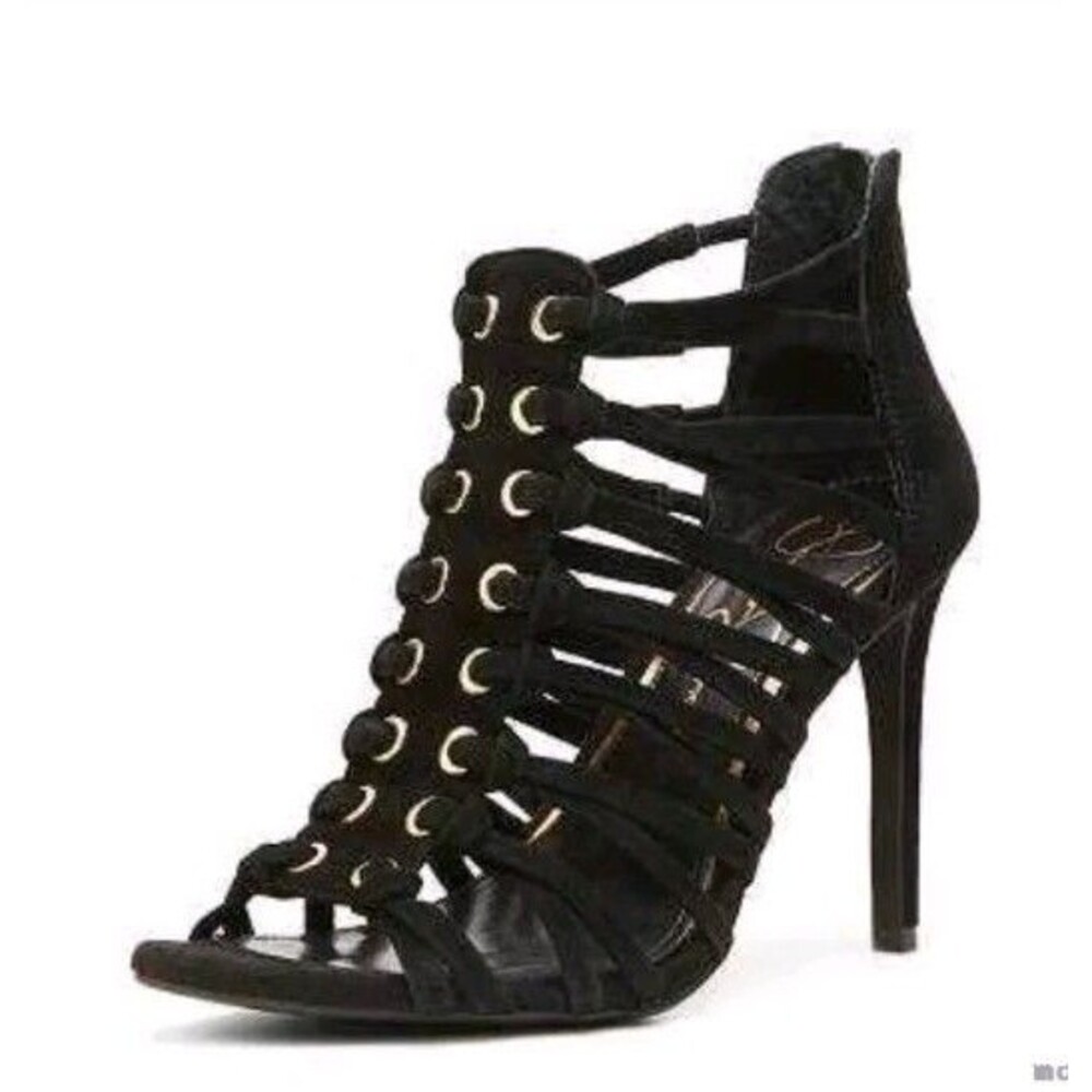 Jessic Simpson Suede black Open Toe Gold Accent Grommet Caged Pumps Size 7M